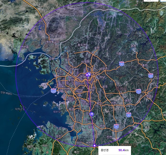비비조경 작업 가능 권역 지도 (반경 90km)